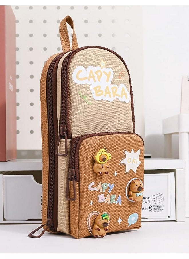 SAJANI Three Layer School Bag-Shaped Pencil Pouch, Large-Capacity Pencil Pouch with Zipper, Multipurpose Pen & Pencil Pouch for School Supplies for Boys & Girls (Pack of 1) (Capybara)