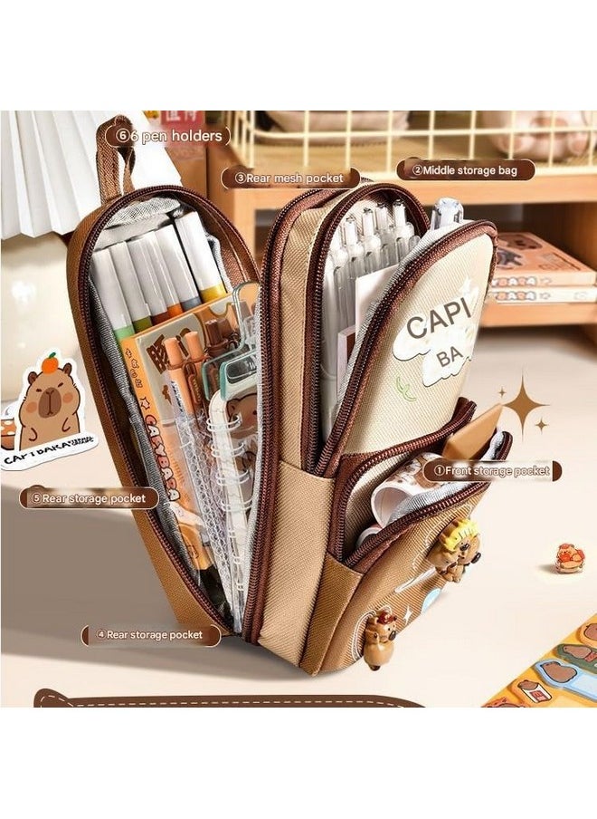 SAJANI Three Layer School Bag-Shaped Pencil Pouch, Large-Capacity Pencil Pouch with Zipper, Multipurpose Pen & Pencil Pouch for School Supplies for Boys & Girls (Pack of 1) (Capybara)