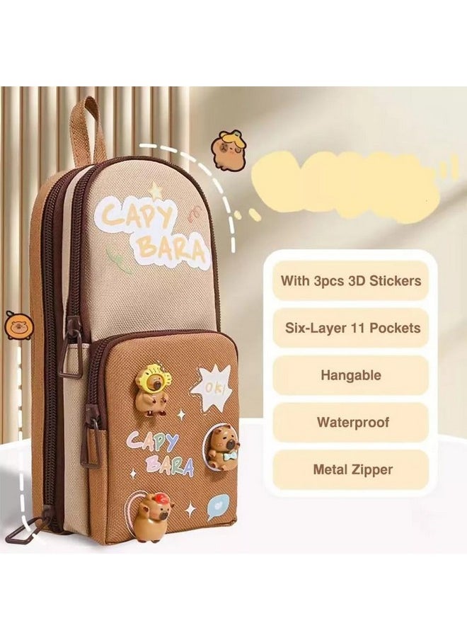 SAJANI Three Layer School Bag-Shaped Pencil Pouch, Large-Capacity Pencil Pouch with Zipper, Multipurpose Pen & Pencil Pouch for School Supplies for Boys & Girls (Pack of 1) (Capybara)