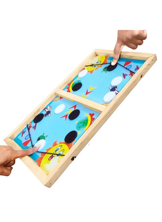 VGRASSP Sling Puck Wooden Board Game Toy For Kids And Adults With 10 Pucks - Solid Pine Wood Structure, Parent-Child Interaction, Indoor Outdoor Family Fun - Color As Per Stock (14 Inch Random Design)
