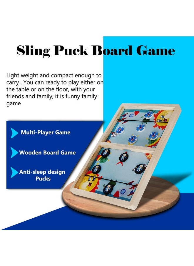 VGRASSP Sling Puck Wooden Board Game Toy For Kids And Adults With 10 Pucks - Solid Pine Wood Structure, Parent-Child Interaction, Indoor Outdoor Family Fun - Color As Per Stock (14 Inch Random Design)