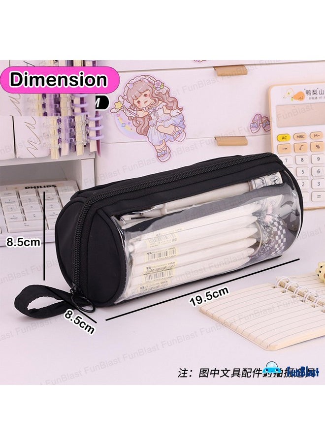 FunBlast Large Capacity Pencil Bag - Multi Compartment Transparent Pencil Pouch with Zipper, Portable Makeup Pouch, Aesthetic Pouch, Cute Stationery Bag for Students Girls Adults Office (Black)