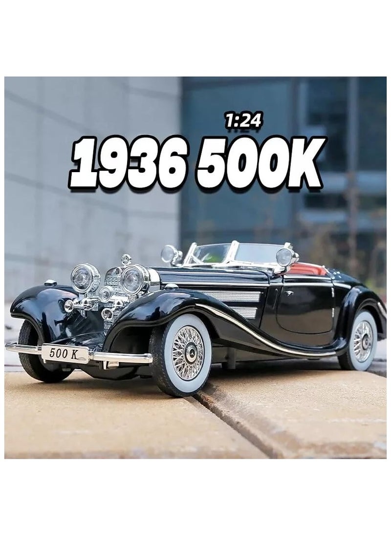 1:24 Scale Benz 500K Diecast Classic Car Model – Pull Back Toy with Sound & Light, Retro Collectible Vehicle Gift for Kids & Adults