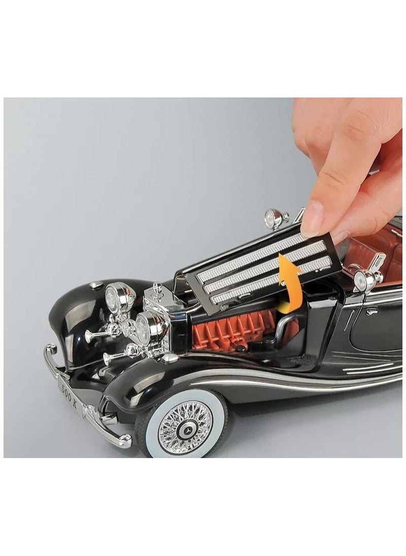 1:24 Scale Benz 500K Diecast Classic Car Model – Pull Back Toy with Sound & Light, Retro Collectible Vehicle Gift for Kids & Adults