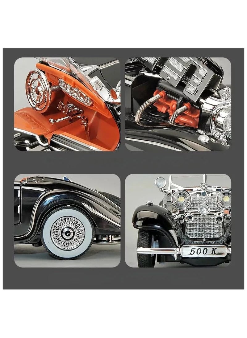 1:24 Scale Benz 500K Diecast Classic Car Model – Pull Back Toy with Sound & Light, Retro Collectible Vehicle Gift for Kids & Adults