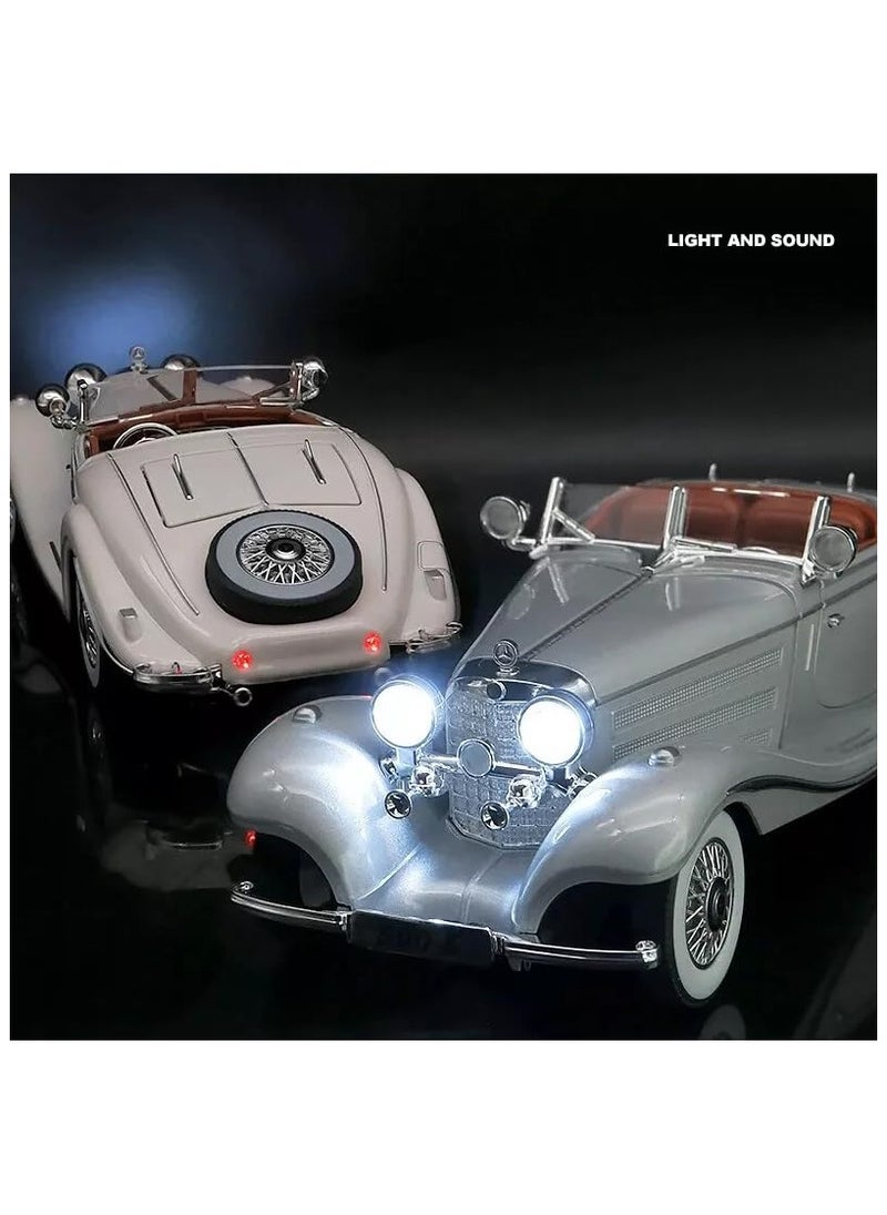 1:24 Scale Benz 500K Diecast Classic Car Model – Pull Back Toy with Sound & Light, Retro Collectible Vehicle Gift for Kids & Adults
