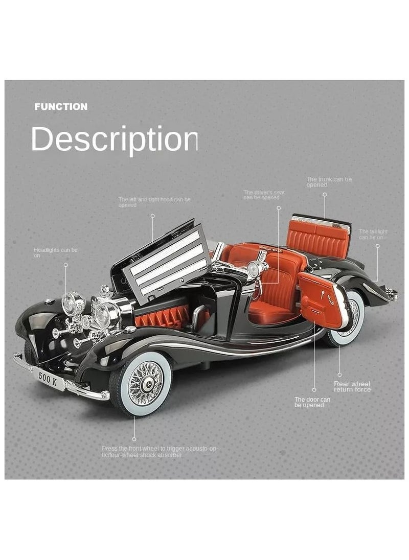 1:24 Scale Benz 500K Diecast Classic Car Model – Pull Back Toy with Sound & Light, Retro Collectible Vehicle Gift for Kids & Adults