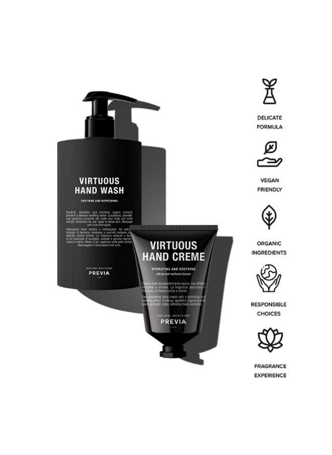 PREVIA Virtuous Soap Set - Soothing Hand Wash (16.9 oz) & Hydrating Hand Cream (1.7 oz), Nourishing Skincare Duo with Lavender & Geranium, Vegan & Natural Ingredients