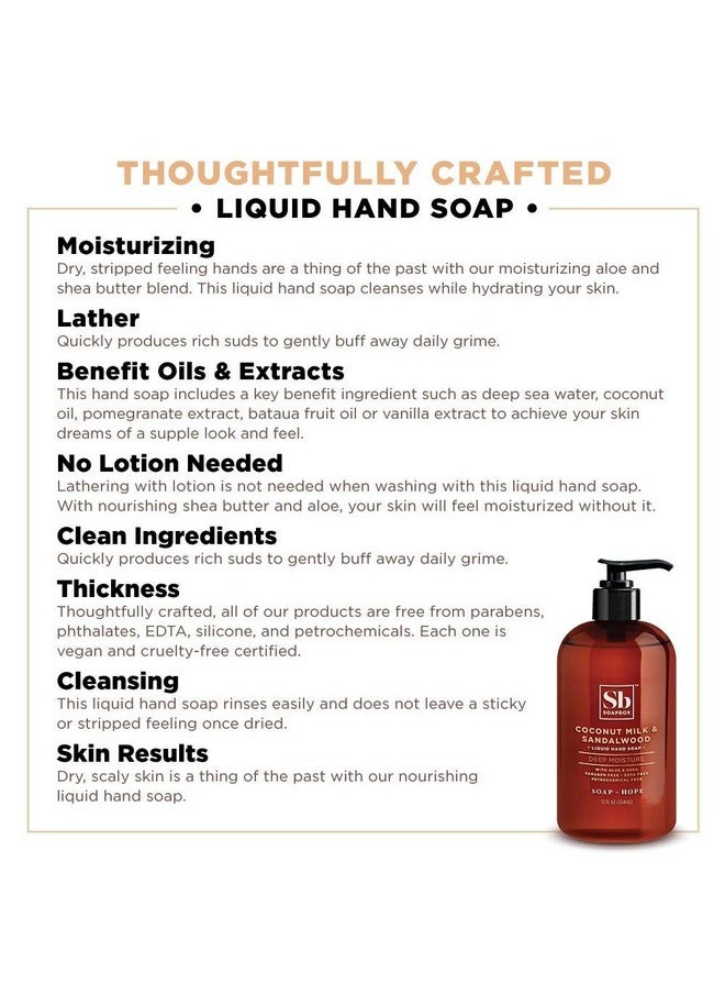 Soapbox Liquid Hand Soap, Coconut Milk & Sandalwood, Gentle & Moisturizing Hand Wash for Kitchen and Bathroom, Vegan & Cruelty Free Scented Hand Soap 12 Ounce Pump Bottles (Pack of 3)