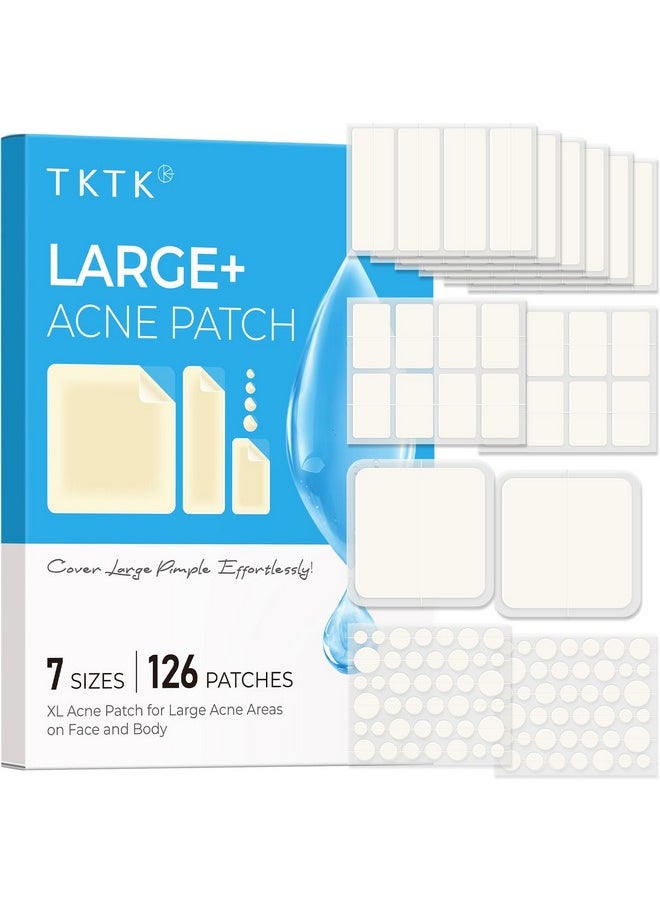 TKTK Large Pimple Patches for Face, 7 Sizes XL Acne Patches, Big Hydrocolloid Bandages for Body, Chin, Forehead, Chest, Back Zit Breakouts, Hydrocolloid Patch (Strip, Square, Dot 126 Count)