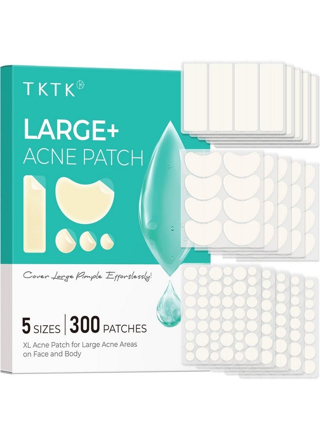 TKTK Large Pimple Patches for Face, XL Acne Patches 60 x 20 mm, Big Hydrocolloid Bandages for Body, Forehead, Chin, Neck Zit Breakouts, Hydrocolloid Patch (Strip, Contoured, Dot 5 Sizes 300 Count)