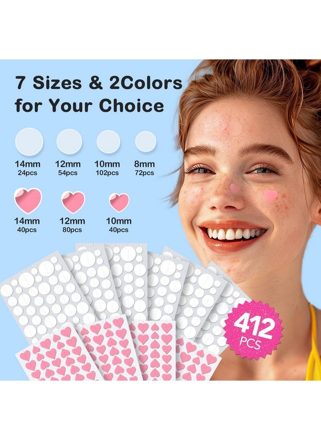Pimple Patches for Face 7 Sizes Day and Night Acne Patches Heart Zit Patches Cute Spot Stickers with Tea Tree & Centella Oil, Strong Adhesion Zit Covers (412 Count)