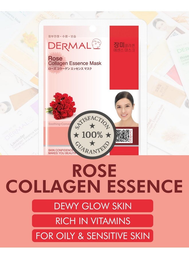 DERMAL Rose Collagen Essence Korean Facial Mask Sheet Pack of 10 - Reviving Tired Skin, Soothing & Hydrating - Hypoallergenic Skin Friendly Sheet