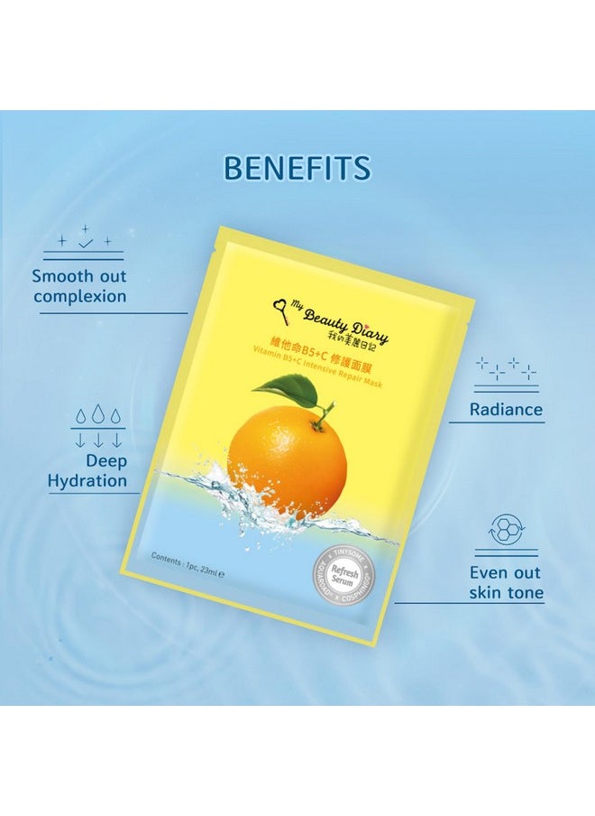 My Beauty Diary Vitamin B5+C Intensive Repair Mask, Glowing and Moisturizing Facial Mask, Restores Skin Radiance, Self Care Face Sheet Mask for Dull Skin and All Skin Types (8 pcs)