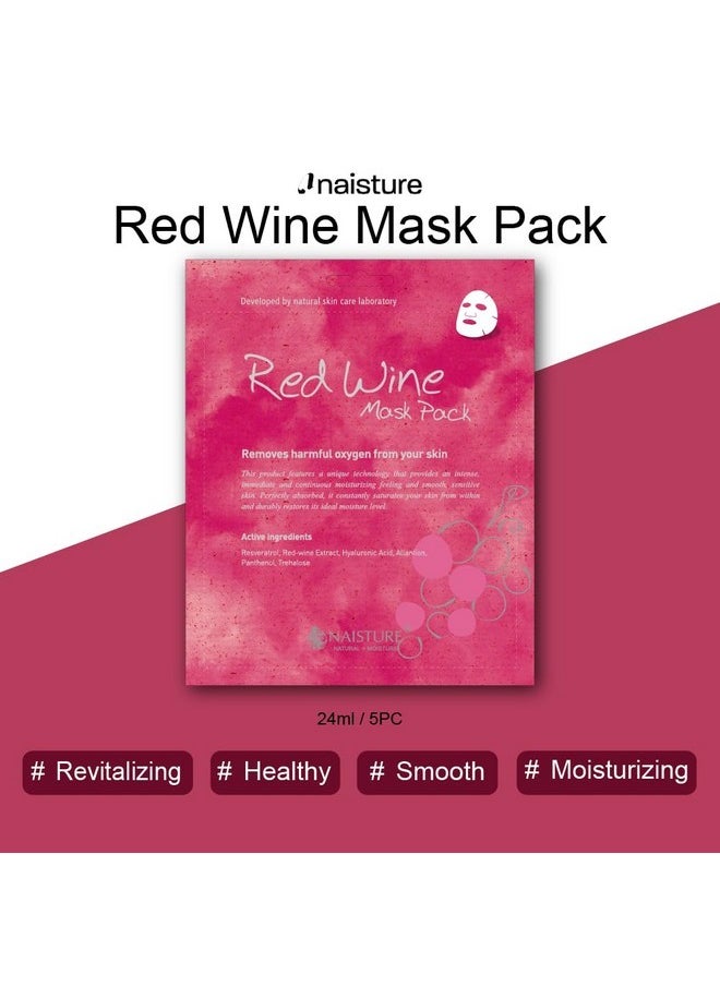 Naisture Premium Facial Mask - Red Wine 5 Pack, Korean Face Mask for Smooth, Moisturizing Skin Care, All Skin Types, Home Spa Self Care Gift Masks for Women & Men