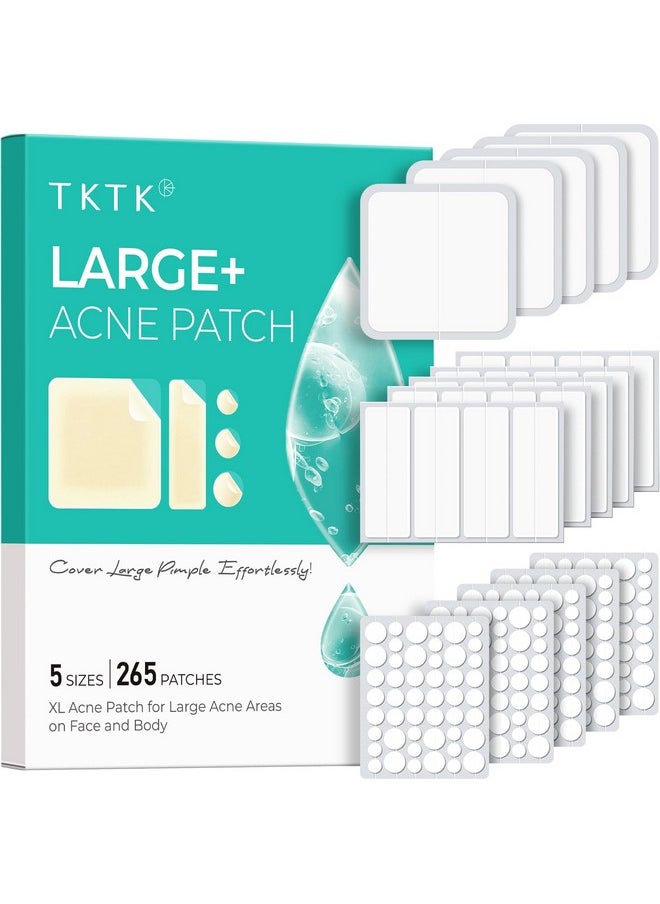 TKTK Large Pimple Patches, 60 mm XL Acne Patches, Big Hydrocolloid Bandages for Body, Face, Forhead, Chin, Neck Zit Breakouts, Hydrocolloid Patch (Square, Strip, Dot 5 Sizes 265 Count)