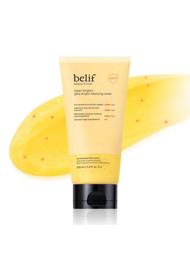belif Super Knights - Glow Cleansing Mask, 2-in-1 Facial Mask & Cleanser with Multi Vitamin Complex and Glutathione | For All and Sensitive Skin Types | Korean Skincare (5.0 fl. oz)