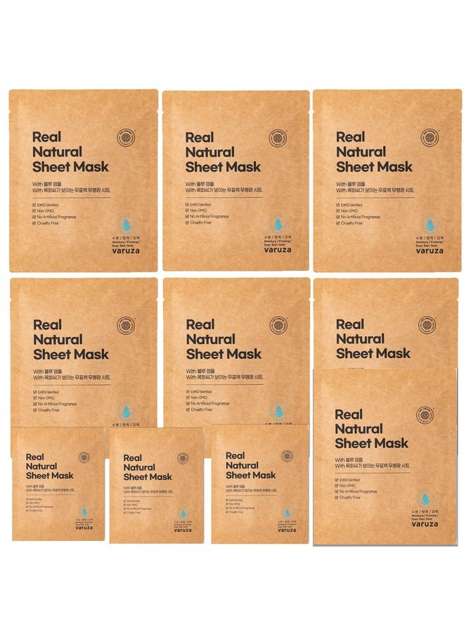 varuza] Real Natural Sheet Mask - EWG VERIFIED, Vegan Face Mask for Hydration, Non-GMO, No Artificial Fragrance, Made in Korea (10 PACK, BLUE AMPOULE)