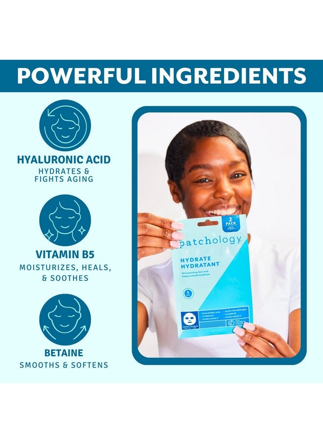 Patchology Hydrate FlashMasque Facial Sheet Mask with Hyaluronic Acid - Face Mask Skincare Sheet for Men & Women to Moisturize & Hydrate Skin in 5 Minutes - Facial Sheet Moisturizer (2 Count)