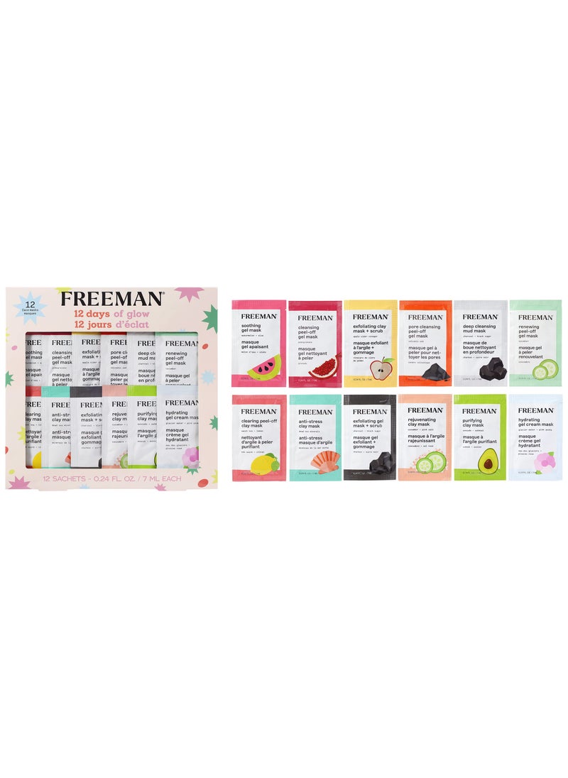 Freeman Limited Edition 12 Days of Glow Facial Mask Kit, Variety Skincare & Facial Treatment Masks, All Skin Types, Travel Size, Vegan & Cruelty-Free, 12 Piece Face Mask Gift Set