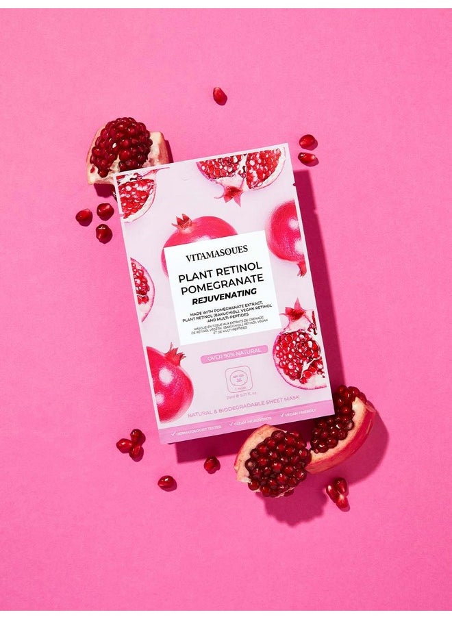 Vitamasques Retinol Pomegranate Face Sheet Mask 7 Pack - Korean Skin Care Facial Mask Rejuvenate & Hydrating Skin Care - Natural & Biodegradable