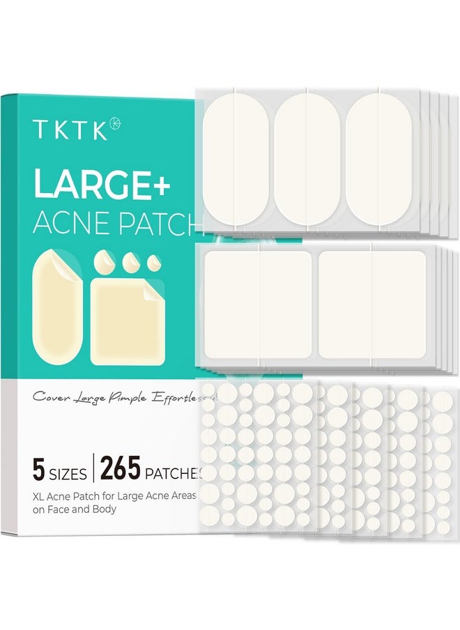 TKTK Large Pimple Patches for Face, 60 x 30 mm XL Acne Patches, Big Hydrocolloid Bandages for Body, Back, Forehead, Chin, Neck Blemish Zit Breakouts (Oval, Square, Dot 5 Sizes 265 Count)