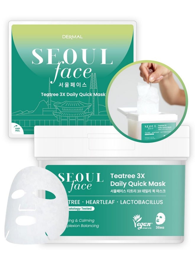 DERMAL Seoul Face Teatree 3X Daily Quick Mask 36 Sheet - Korean Skincare Vegan Tencel Facial Masks - Calming, Soothing, Blemish Control Face Mask Sheets with Heartleaf Extract, Lactobacillus