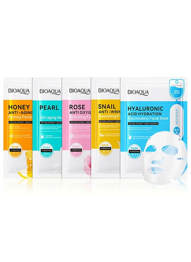 BIOAQUA Facial Mask Firming Deeply Nourish Moisturizing 98% Natural Extract Hydrating Face Mask 5PCS Set (One Of Each (5PCS))