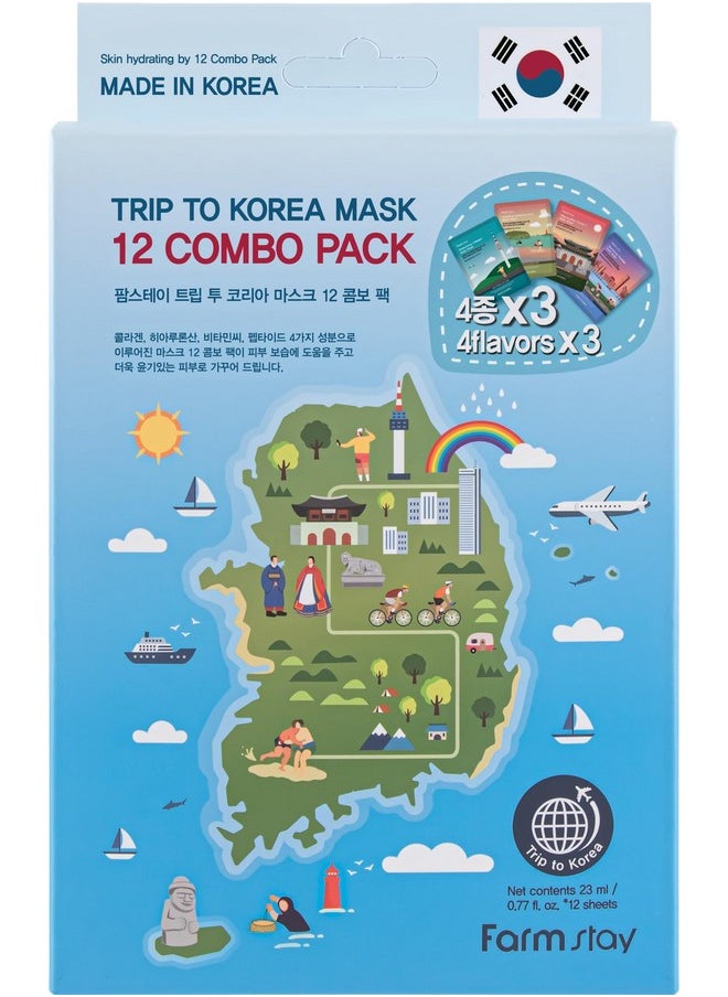 FARMSTAY Trip To Korea Facial Mask Sheet 12 Combo Pack Korean Skincare Mask Combo, Hypoallergenic,Moisturizing,Nourishing,Vitalizing, Refreshing0.77 fl.oz.*12 ea