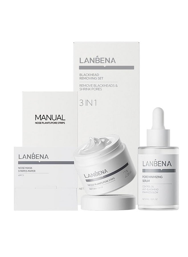 LANBENA 3 in 1 Blackhead Removing Set, Pore Strips 30g+Pore Serum 30ml+Removal Strip Paper, Black Head Remover Mask for Face, Pore Minimizer & Reducer for Face, Leaving Your Skin Fresh and Clean