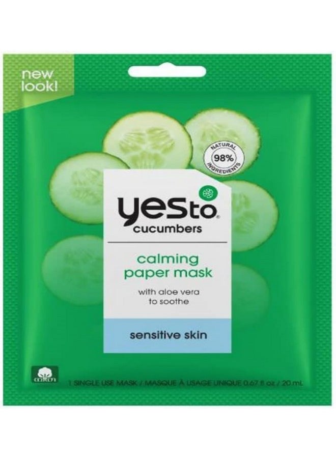 Yes To Cucumbers Calming Paper Face Mask, Sensitive Skin, Aloe Vera, 0.67 fl oz, Hydrating and Soothing with 98% Natural Ingredients, Easy-to-Use Sheet Masks