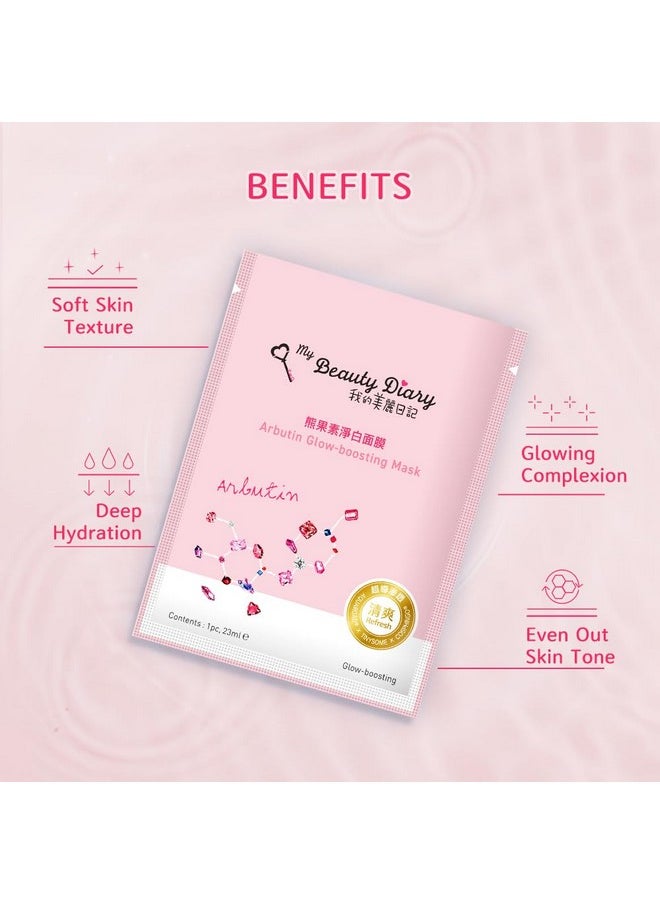 My Beauty Diary Arbutin Glow-boosting Mask, Firming and Smoothening Facial Mask, Restores Skin Radiance, Self Care Face Sheet Mask for Dull Skin and All Skin Types (8 pcs)