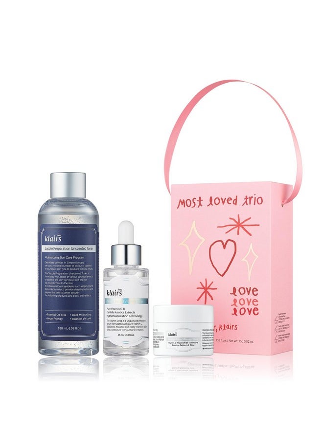 DearKlairs Most Loved Skincare Set - Unscented Toner, Vitamin Serum & E Mask | Korean Glass Skin Routine | Sensitive Skin-Friendly Valentine's Galentines Holiday Gift | Hydrating, Revitalizing