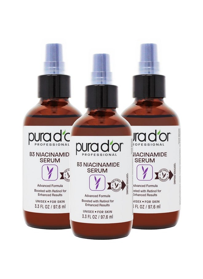 PURA D'OR B3 Niacinamide Advanced Facial Serum (3.3oz x3 = 9.9oz) Skin Care Formula with Retinol For Wrinkles, Hydration & Complexion - All Skin Types, Hypoallergenic - Women & Men