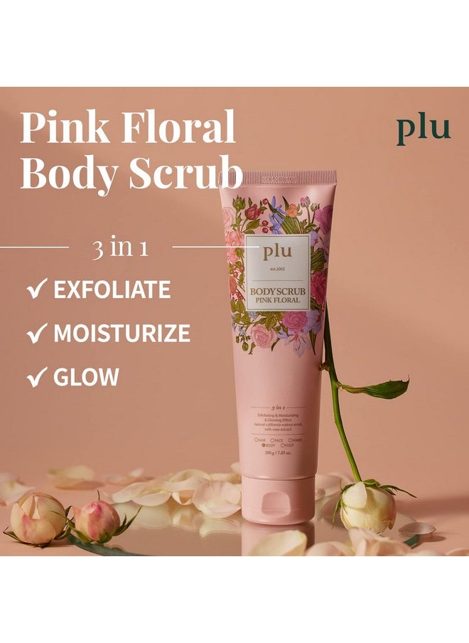PLU Walnut Body Scrub Pink Floral with Manuka Honey - Exfoliating & Moisturizing & Firming Glow - for Acne, Cellulite, Stretch Marks, Spider Veins, Fresh & Elegance Rose Scent 6.76 oz.