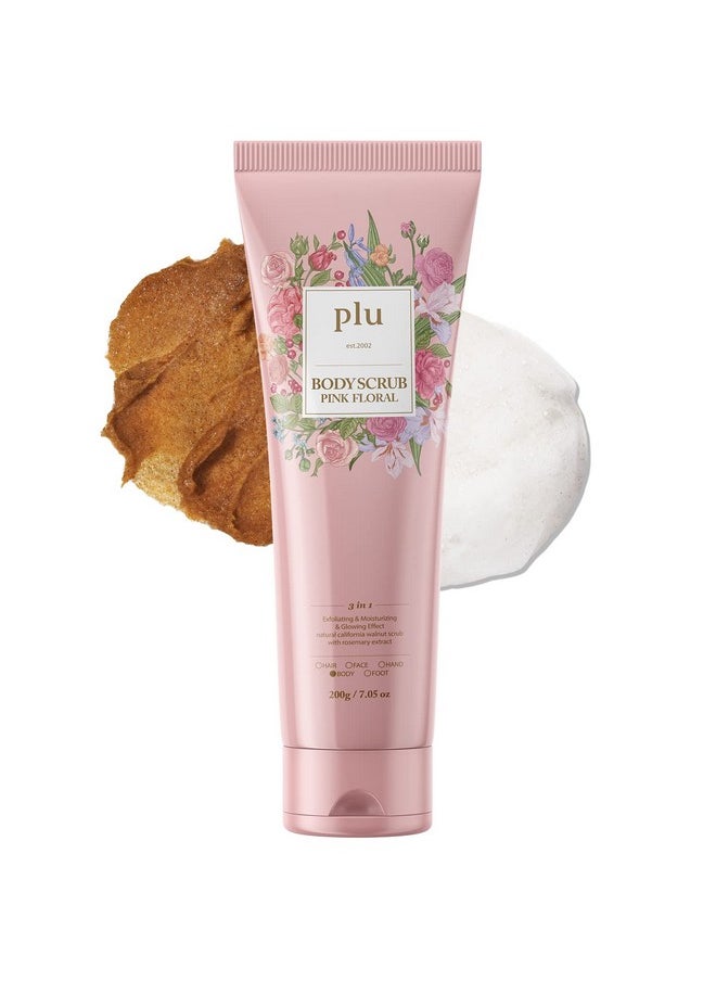 PLU Walnut Body Scrub Pink Floral with Manuka Honey - Exfoliating & Moisturizing & Firming Glow - for Acne, Cellulite, Stretch Marks, Spider Veins, Fresh & Elegance Rose Scent 6.76 oz.