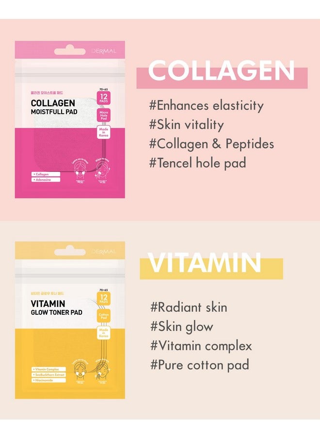 DERMAL 6 Types Toner Pad Trial Kit Portable Travel Combo Set - Ice Cooling, Collagen, Retinol, Madecassoside, Tea Tree, Vitamin Korean Face Toner Pads, 12 Pads x 6 Pack