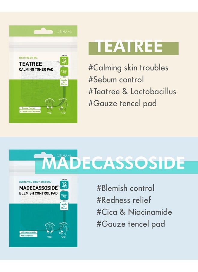 DERMAL 6 Types Toner Pad Trial Kit Portable Travel Combo Set - Ice Cooling, Collagen, Retinol, Madecassoside, Tea Tree, Vitamin Korean Face Toner Pads, 12 Pads x 6 Pack