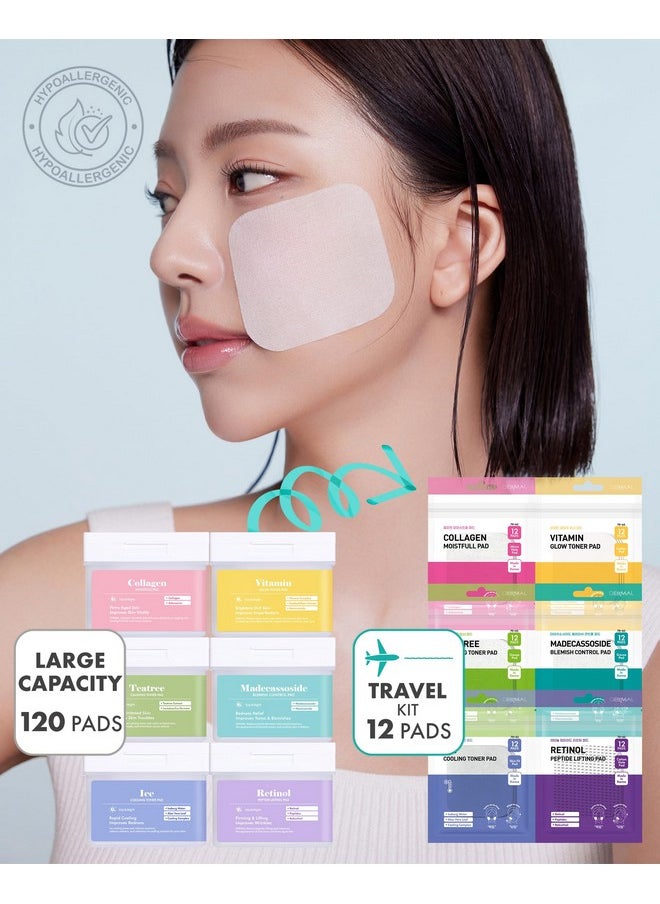 DERMAL 6 Types Toner Pad Trial Kit Portable Travel Combo Set - Ice Cooling, Collagen, Retinol, Madecassoside, Tea Tree, Vitamin Korean Face Toner Pads, 12 Pads x 6 Pack
