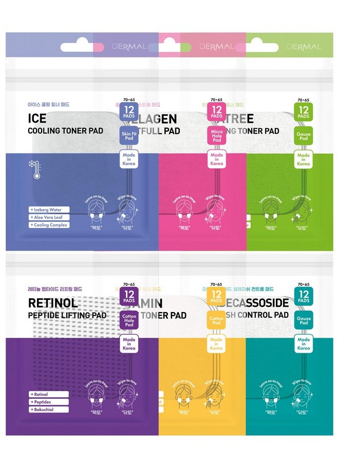 DERMAL 6 Types Toner Pad Trial Kit Portable Travel Combo Set - Ice Cooling, Collagen, Retinol, Madecassoside, Tea Tree, Vitamin Korean Face Toner Pads, 12 Pads x 6 Pack