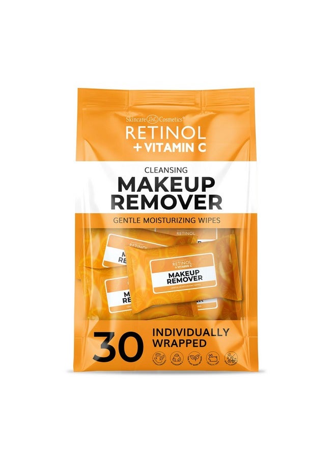 Retinol + Vitamin C Individually Wrapped Makeup Remover Wipes, travel essentials for Travel & On the Go, women facial cleansing towelettes, removes makeup mascara & sunscreen - 30 single face wipes