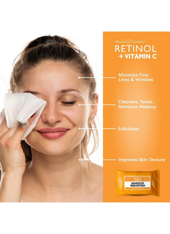 Retinol + Vitamin C Individually Wrapped Makeup Remover Wipes, travel essentials for Travel & On the Go, women facial cleansing towelettes, removes makeup mascara & sunscreen - 30 single face wipes