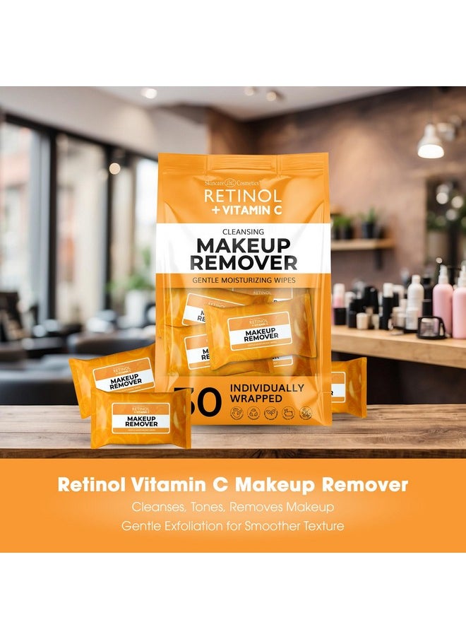 Retinol + Vitamin C Individually Wrapped Makeup Remover Wipes, travel essentials for Travel & On the Go, women facial cleansing towelettes, removes makeup mascara & sunscreen - 30 single face wipes