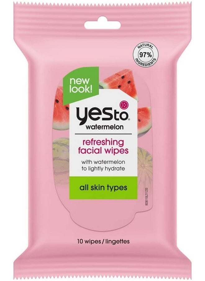 Yes To Watermelon Refreshing Facial Wipes, Hydrating Formula That Removes Dirt, Oil & Grime, Leaves Skin Refreshed & Brighter, Aloe, Natural, Vegan & Cruelty Free, 10 Count (8036110)