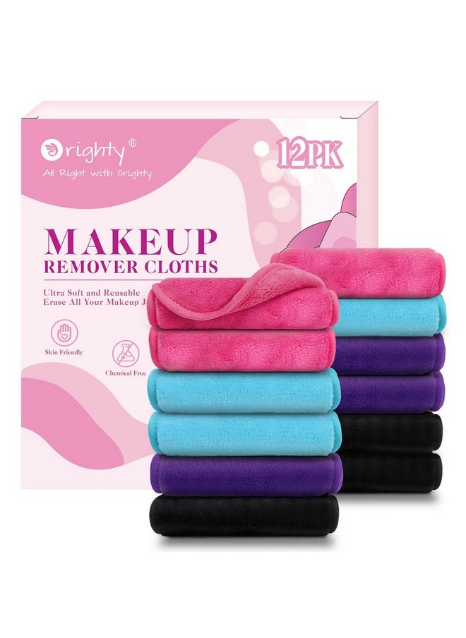 Orighty Makeup Remover Cloths 12 Pack, Reusable Microfiber Facial Cleansing Cloths, Remove Instantly Dirt, Makeup&Waterproof Mascara with Just Water, 15.5 x 7.5 in, Blue/Purple/Black/Pink
