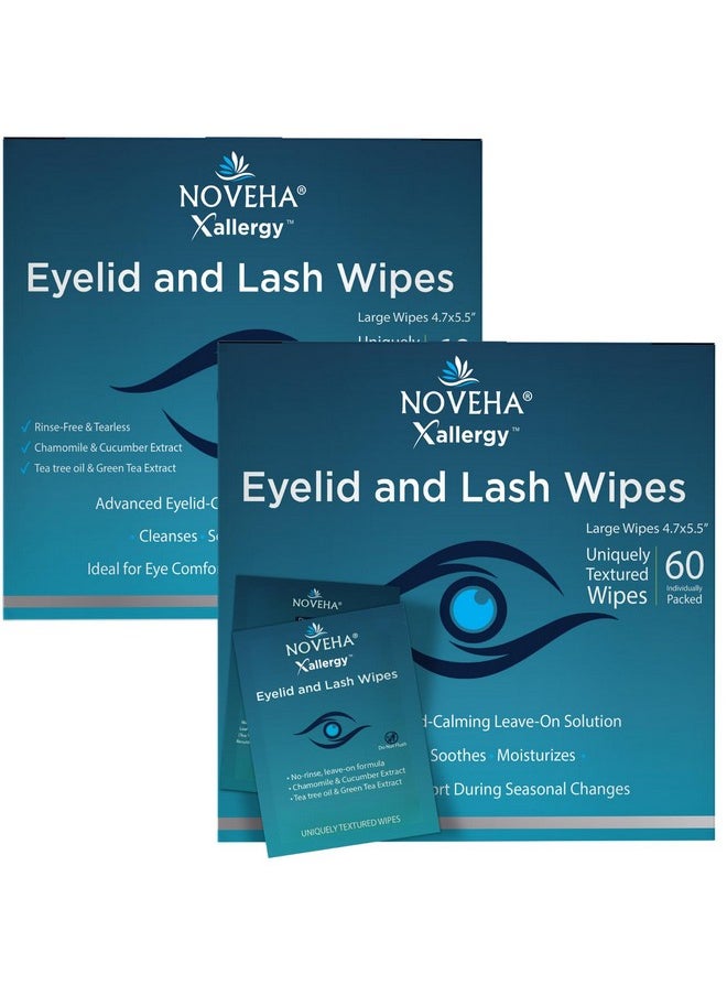 NOVEHA 120Pcs Allergy Relief Eyelid Wipes | Pre-moistened Hypoallergenic Eye Cleansing Pads, Reduce Itchiness, Redness & Discomfort Caused By Allergy, Clean, Soothe & Remove Debris (2 Pack)