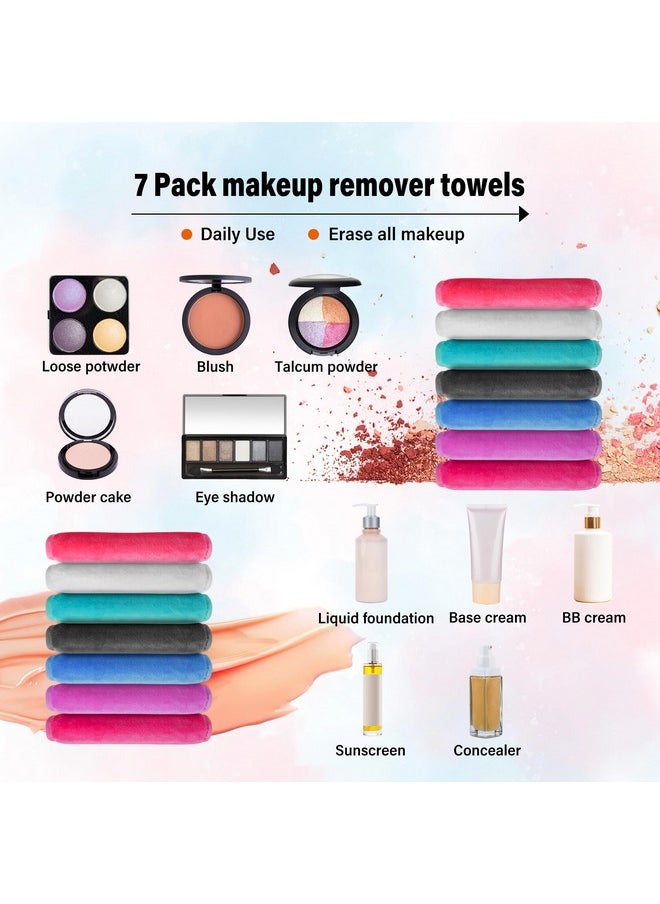 Makeup Remover Cloth, 7 Colors Makeup Towels Face Washcloth, Makeup Remover Pads Reusable Washable, Facial Cloths Clean Towels for Face Eye Skincare, 7.8 * 14 inches, 7 Pack