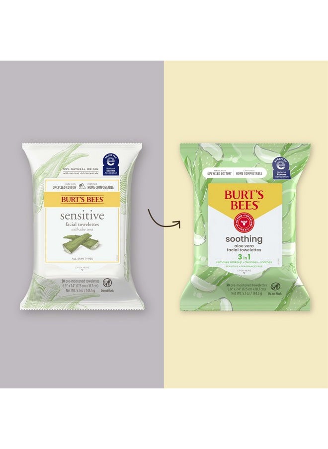 Burt's Bees Aloe Vera Face Wipes, for Sensitive Skin, Soothing Makeup Remover & Facial Cleansing Towelettes, 30 Ct. (3-Pack)