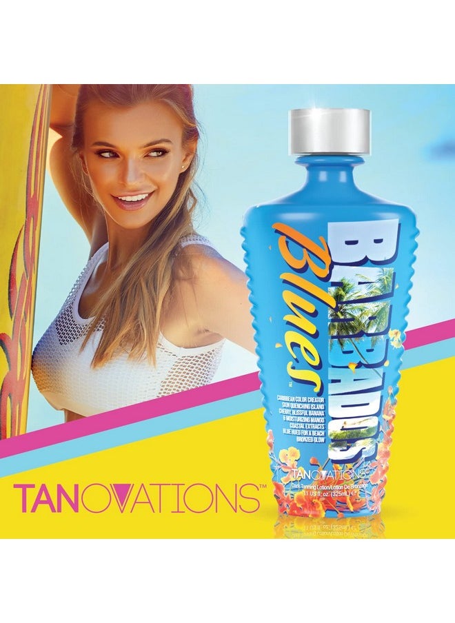 Tanovations Barbados Blues Tanning Lotion - Caribbean Color Creator Skin Quenching Island Cherry, Blissful Banana & Moisturizing Mango Coastal Extracts Blue Hued for a Beach Bronzed Glow - 11 oz.
