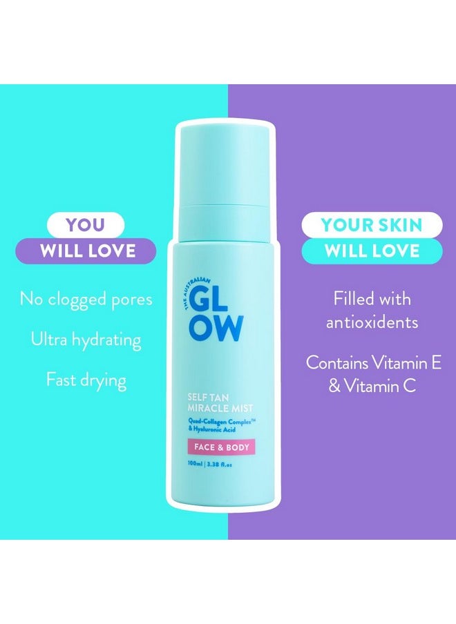 Australian Glow Miracle Mist, Self Tanner for Face & Body w/Quad-Collagen Complex & Hyaluronic Acid, 3.38 fl. oz / 100ml